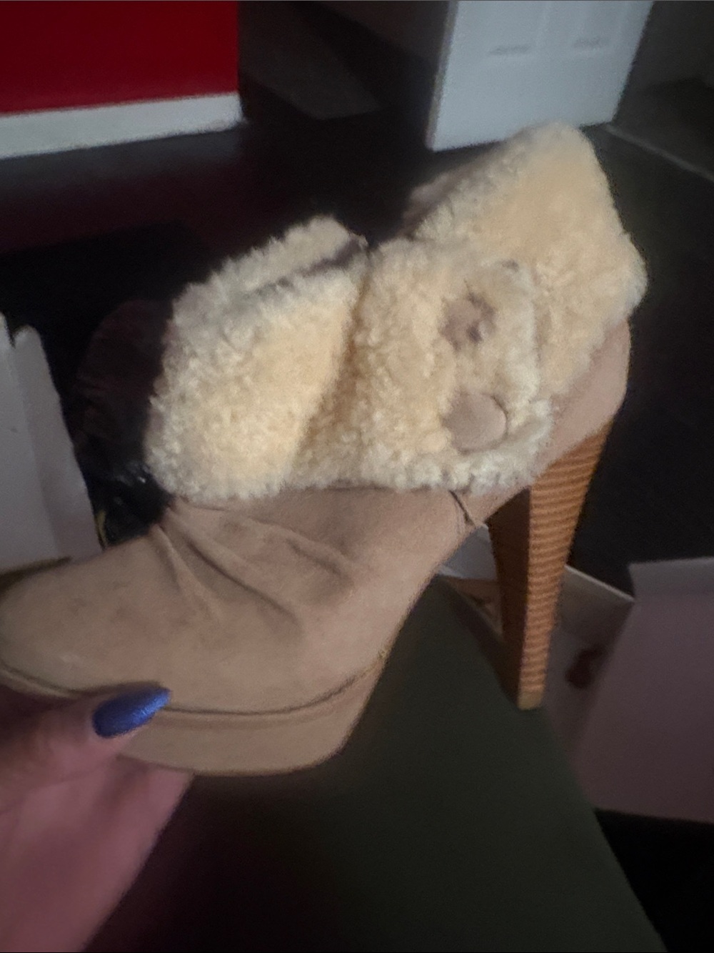 Womenβs Tan Faux-Shearling High Heel Bootie